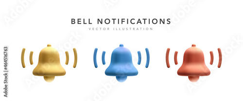 Colour 3d realistic bell notification icons isolated on white background. Vector illustration