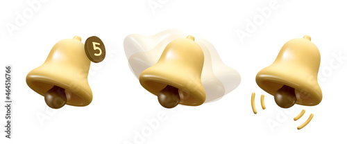 Set of realistic 3d notification bell icon. Golden alert bell isolated on white background. Vector illustration