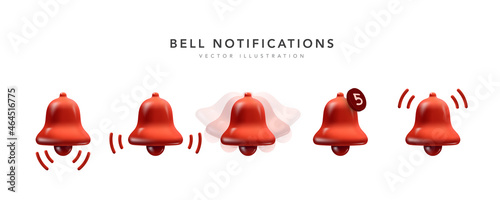Set of red realistic 3d bell notification icons for new year. Bells icon with new message web chat isolated on white background. Vector illustration