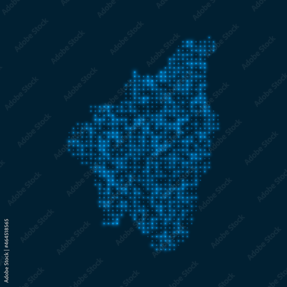 Lobos Island dotted glowing map. Shape of the island with blue bright bulbs. Vector illustration.