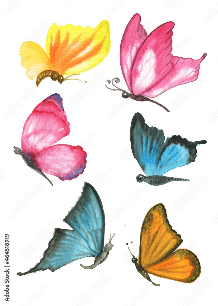 Watercolor set of colored butterflies. Perfect for stickers,stickers,postcards,baby shower,crafts and hobbies.