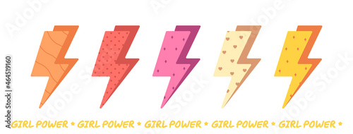 girl power. set flash lightning signs in flat style.colored thunder bolt in cartoon style.inscription girl power.background Girl Power for motivational. femenist support.Template for t-shirt,signboard photo