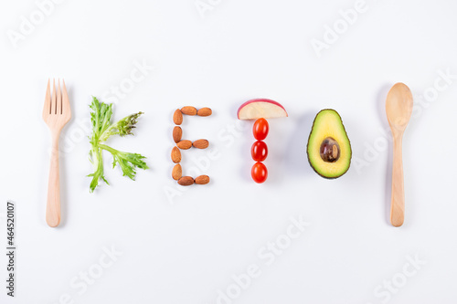 Keto or Ketogenic diet concept.  Word KETO made  from healthy food,  low carb. photo