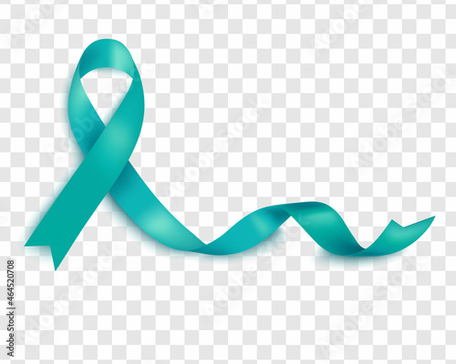 Vector illustration of ovarian cancer awareness tapes isolated on a transparent background. Realistic vector teal silk ribbon with loop.Turquoise ribbon for banners, posters