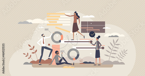 Project management software for effective business work tiny person concept. Productive application for teamwork task organization and reports graphics vector illustration. Modern strategy planning.
