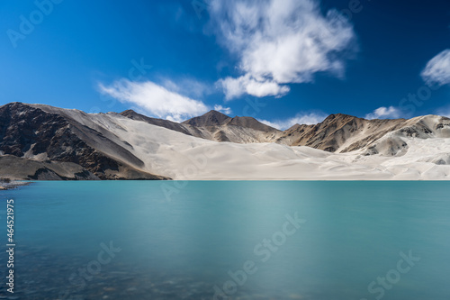 The white sand mountains and lake in Kashgar Prefecture, Xinjiang, China.