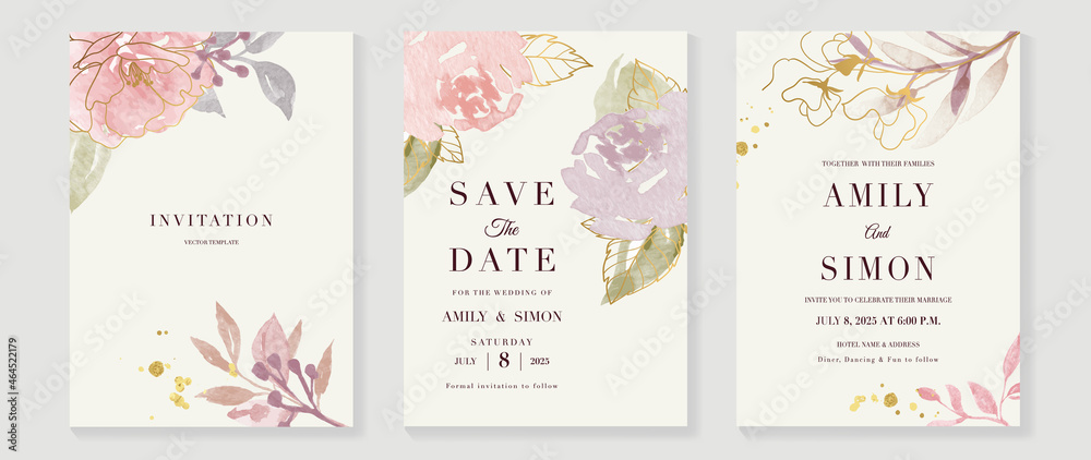 Luxury wedding invitation card background  with golden line art flower and botanical leaves, Organic shapes, Watercolor. Abstract art background vector design for wedding and vip cover template. - obrazy, fototapety, plakaty 