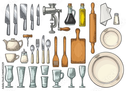 Set Kitchen utensils. Vector vintage engraving isolated on white