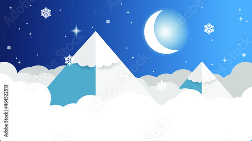 Landscape with snow-filled areas.abstract pastel paper cut illustration of winter landscape with cloud.star.Winter mountain Christmas landscape with fir trees and snowflakes.walpaper.moon of night