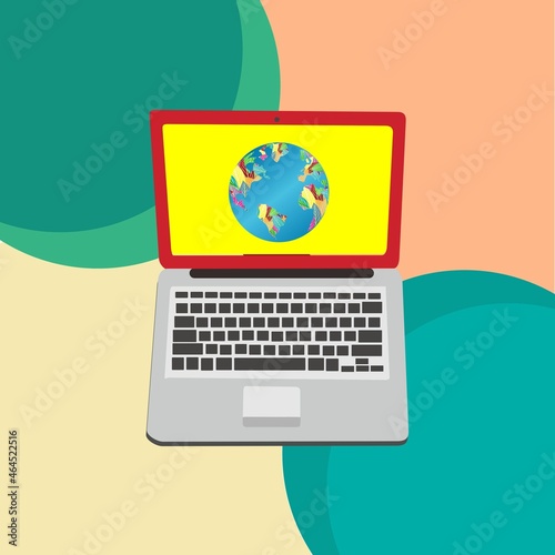 A vector illustration of a laptop whose screen displays the planet Earth in September, suitable for technology and computer books and magazines, fabric patterns, t-shirts and other business purposes.