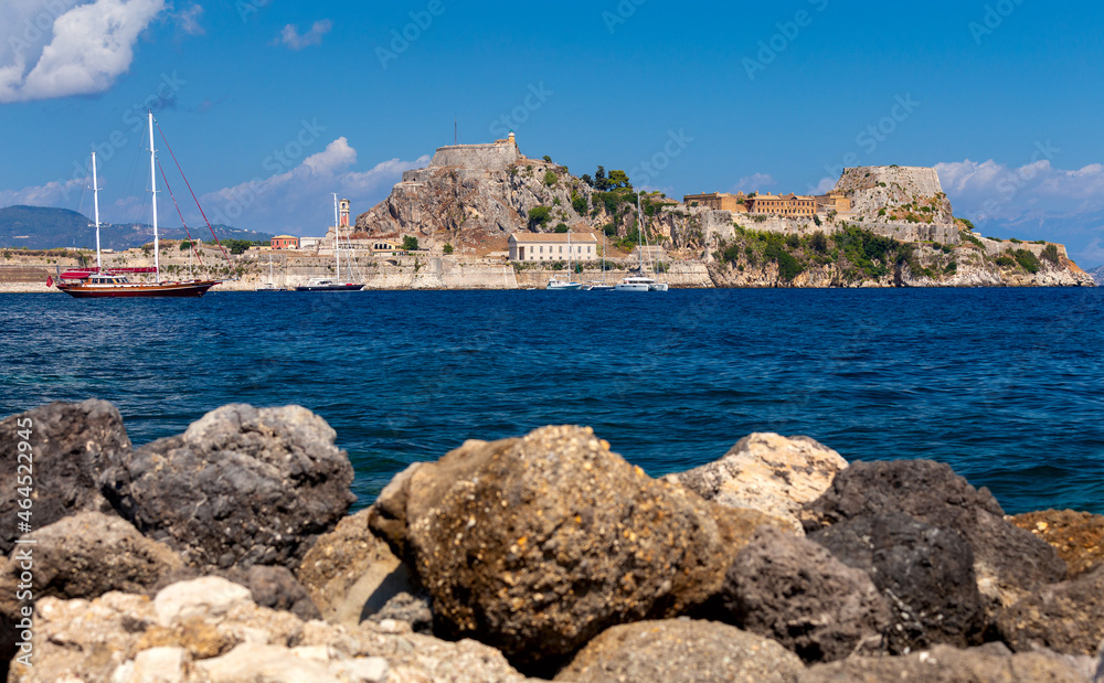 Fototapeta premium Kerkyra. Greece. View of the coastline and ships on a sunny day.