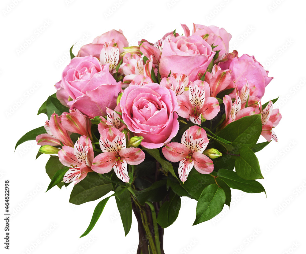 Bouquet of pink roses and alstroemeria flowers isolated on white. Bouquet of pink roses and alstroemeria flowers isolated on white.