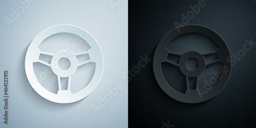 Paper cut Racing simulator cockpit icon isolated on grey and black background. Gaming accessory. Gadget for driving simulation game. Paper art style. Vector