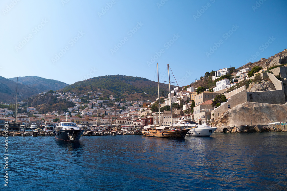  view from the sea to the Hydra marina sea port, Greece