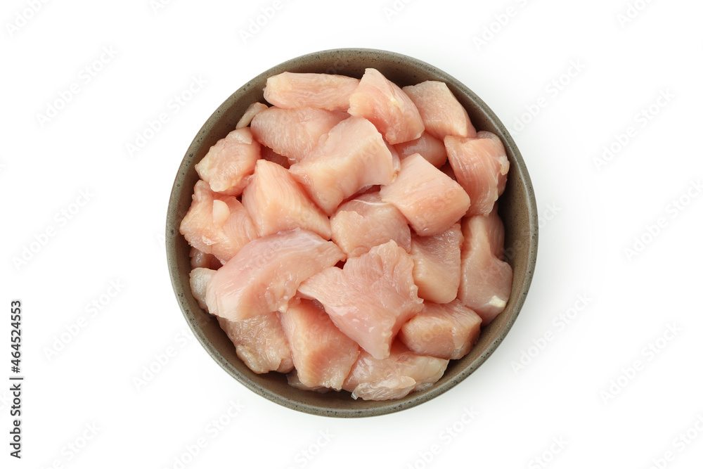 Bowl with raw chicken fillet slices isolated on white background Bowl with raw chicken fillet slices isolated on white background