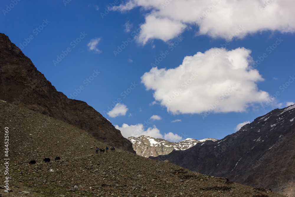 Beautiful landscape of a wilderness trekking trail in the mountains of the Himalayan valley of Zanskar.