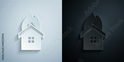 Paper cut Fire in burning house icon isolated on grey and black background. Insurance concept. Security, safety, protection, protect concept. Paper art style. Vector