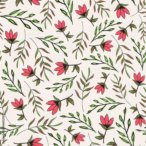 Abstract botany flowers and leaves seamless repeat pattern.  Hand drawn and random placed  vector floral and branches elements all over surface print on ecru white background.