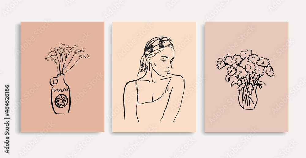 Obraz premium Vector illustration. Linear drawing of a beautiful woman in a headdress. Handicraft compositions of natural forms. Female silhouettes for wall art. Modern bohemian illustrations.