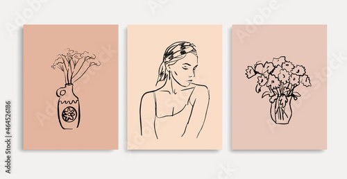 Vector illustration. Linear drawing of a beautiful woman in a headdress. Handicraft compositions of natural forms. Female silhouettes for wall art. Modern bohemian illustrations.
