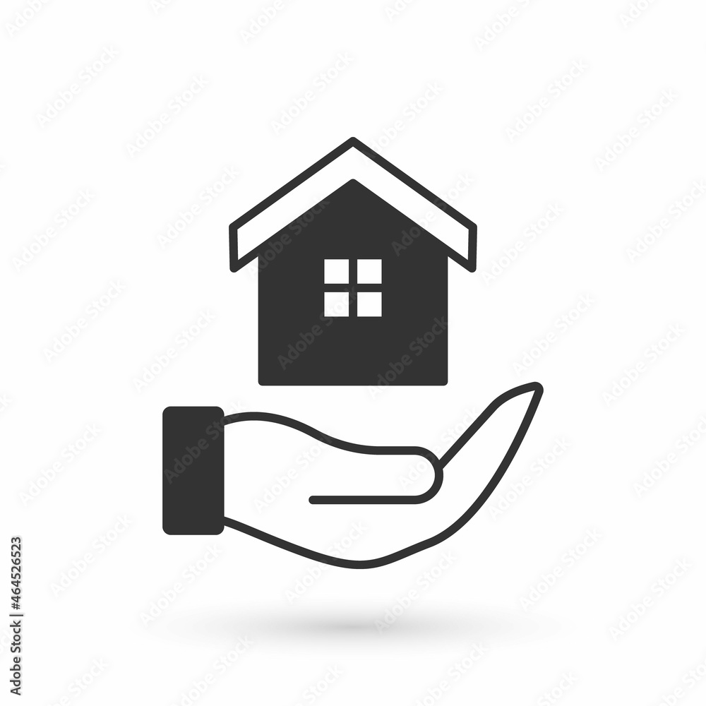 Grey House in hand icon isolated on white background. Insurance concept. Security, safety, protection, protect concept. Vector