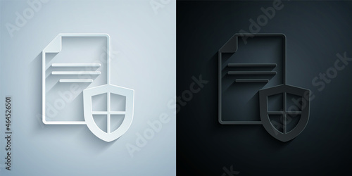 Paper cut Contract with shield icon isolated on grey and black background. Insurance concept. Security, safety, protection, protect concept. Paper art style. Vector