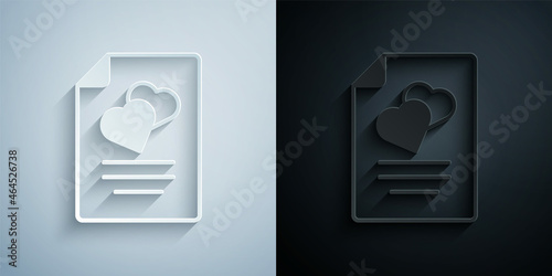 Paper cut Marriage contract icon isolated on grey and black background. Wedding certificate. Paper art style. Vector