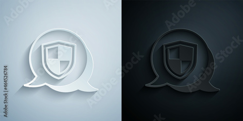 Paper cut Shield icon isolated on grey and black background. Insurance concept. Guard sign. Security, safety, protection, privacy concept. Paper art style. Vector