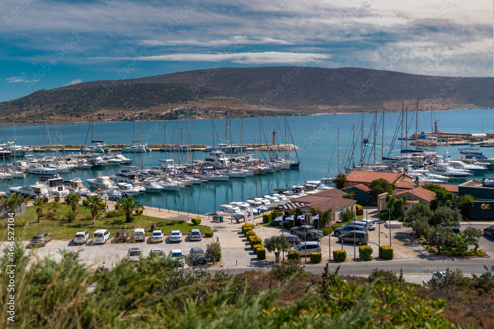 Alacati, Izmir, Turkey - August 25 2021: Panoramic view of Alacati is famous for  windsurfing and kite surfing.