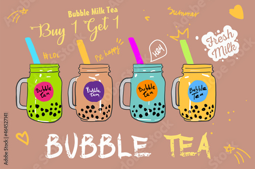 Bubble milk tea, Pearl milk tea , Different sorts of Boba. Yummy drinks. Ads with delicious tapioca.  Restaurant cafe menu, template design. Food flyer. Chalk board, retro menu restaurant poster. 