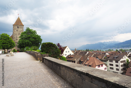 Rapperswil castle with medieval tower. View on roofs of old town. Famous place in Switzerland.