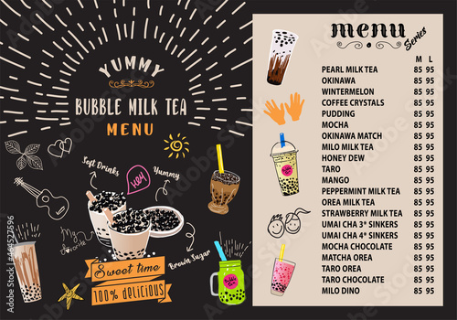 Bubble milk tea, Pearl milk tea , Different sorts of Boba. Yummy drinks. Ads with delicious tapioca.  Restaurant cafe menu, template design. Food flyer. Chalk board, retro menu restaurant poster. 