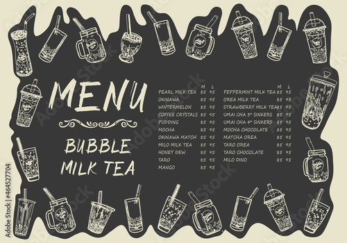 Bubble milk tea, Pearl milk tea , Different sorts of Boba. Yummy drinks. Ads with delicious tapioca.  Restaurant cafe menu, template design. Food flyer. Chalk board, retro menu restaurant poster. 