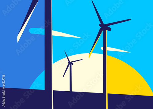 Banner with wind power stations. Placard design in abstract style.