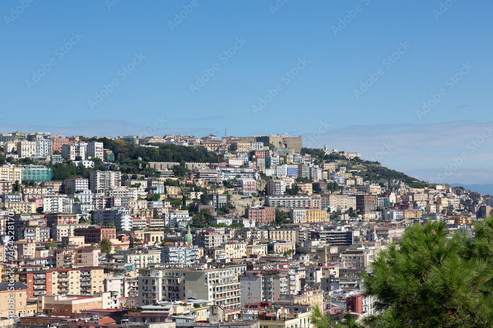 Panoramic view of the Posillipo and Chiaia districts along the Gulf of Naples in Naples, Italy