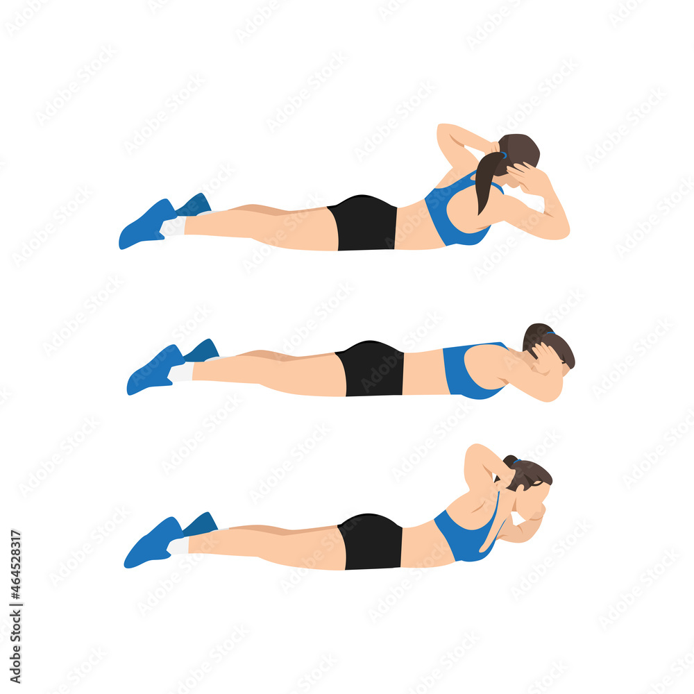 Woman doing Superman twist exercise. Flat vector illustration isolated on white background Woman doing Superman twist exercise. Flat vector illustration isolated on white background