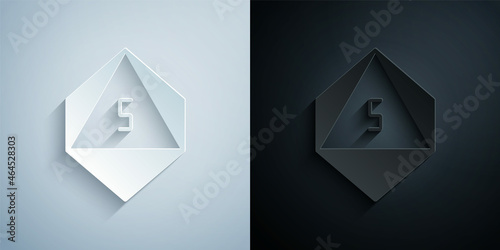 Paper cut Game dice icon isolated on grey and black background. Casino gambling. Paper art style. Vector