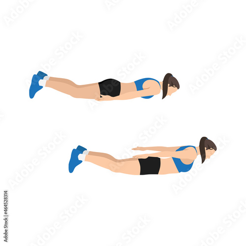 Woman doing Prone back extension exercise. Flat vector illustration isolated on white background