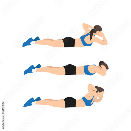 Woman doing Superman twist exercise. Flat vector illustration isolated on white background