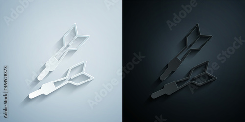 Paper cut Dart arrow icon isolated on grey and black background. Paper art style. Vector