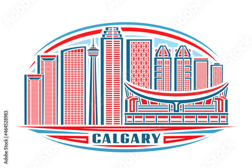 Vector illustration of Calgary, horizontal poster with linear design famous calgary city scape on day sky background, urban line art concept with decorative lettering for blue word calgary on white.