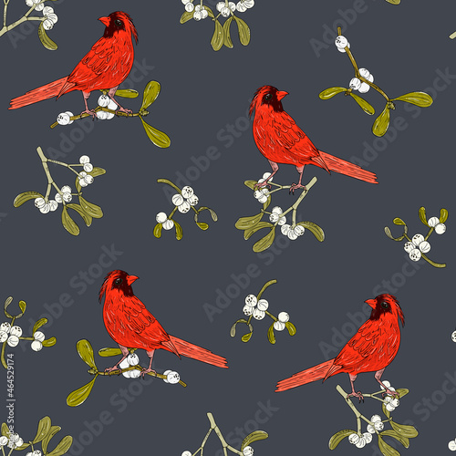 New Year, Christmas seamless pattern. Festive background with mistletoe, poinsettia and red bird.