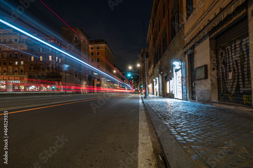 Cool long exposure cars traffic light trails  night view of the city of Rome.