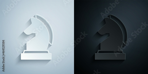 Paper cut Chess icon isolated on grey and black background. Business strategy. Game, management, finance. Paper art style. Vector