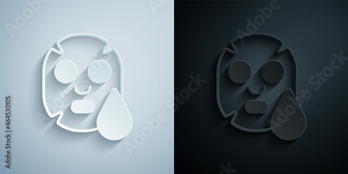 Paper cut Facial cosmetic mask icon isolated on grey and black background. Cosmetology, medicine and health care. Paper art style. Vector