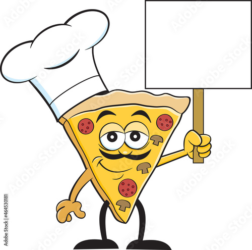Cartoon illustration of a slice of pizza wearing a chef's hat while holding a sign. © bennerdesign