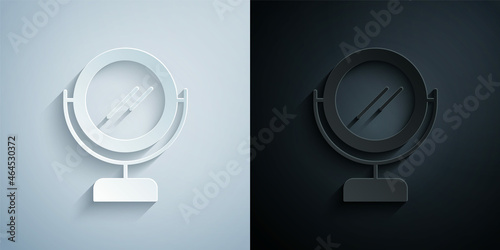 Paper cut Round makeup mirror icon isolated on grey and black background. Paper art style. Vector