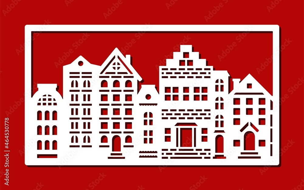 Carved picture with buildings in rectangular frame. European street, white facades of houses, cottages on red background. Floors, roofs, windows, doors. Vector template for plotter laser cutting, cnc.