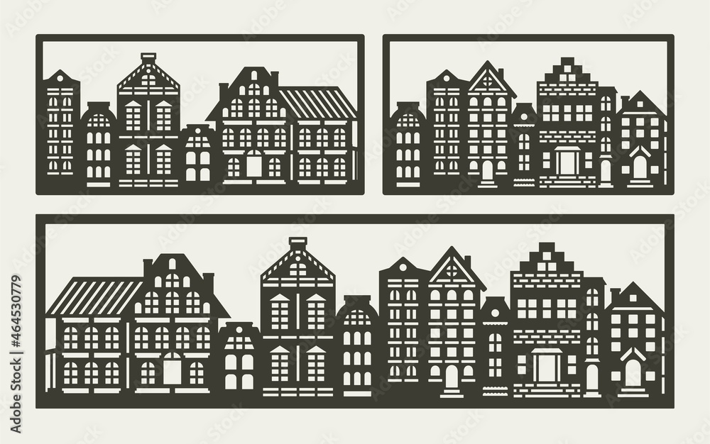 Set of paintings with cute houses. European street with brown building facades in rectangular frame on gray background. Simple style, monochrome design. Vector template for plotter laser cutting, cnc.
