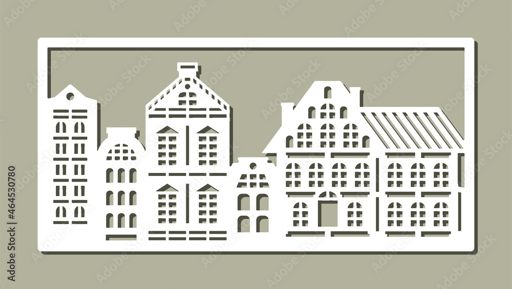 Carved picture with buildings in rectangular frame. European street, white facades of houses, cottages on gray background. Floors, roofs, windows, doors. Vector template for plotter laser cutting, cnc